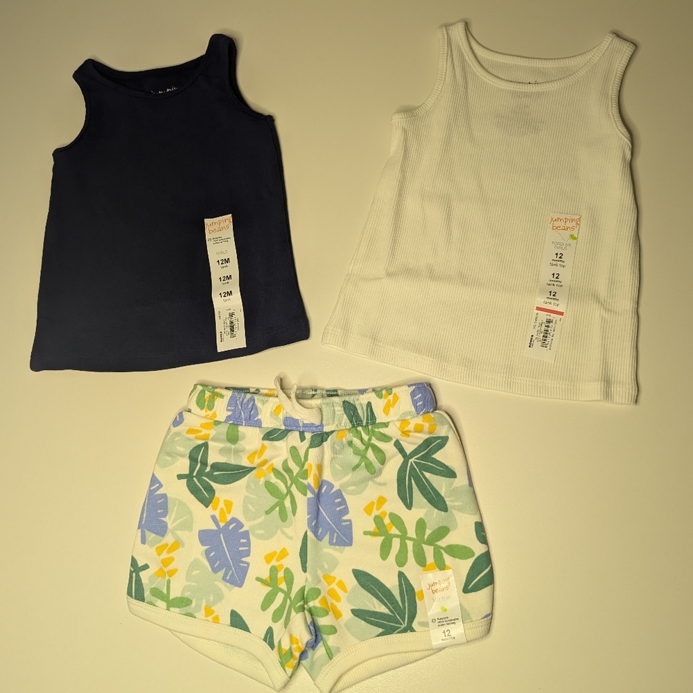 NWT Jumping Beans 3 Piece - 2 Tank Tops and 1 pair of Shorts - 12 Months